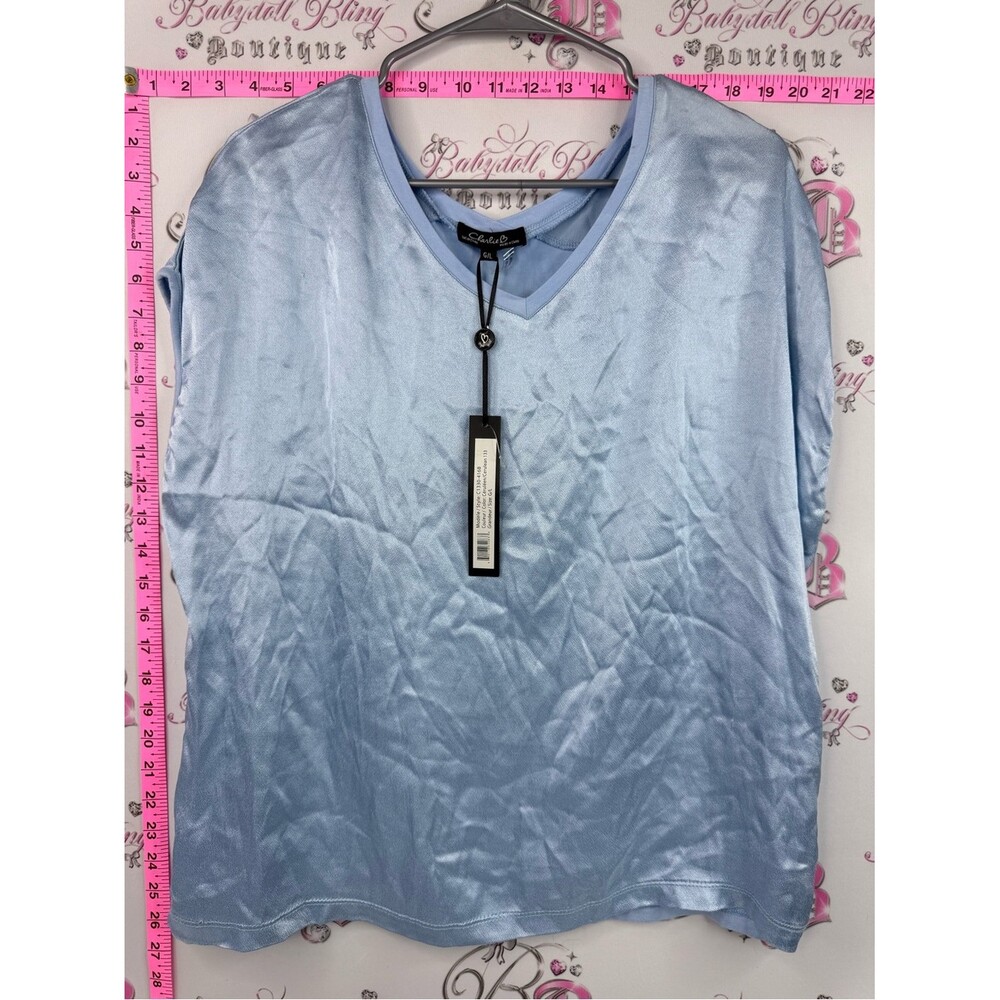 CHARLIE B tshirt shiny shimmer baby blue Light Blue Satin V-Neck Tee